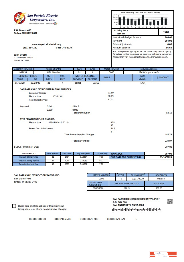 USA Texas San Patricio Electric Corporative utility bill template in Word and PDF (.doc and .pdf) format